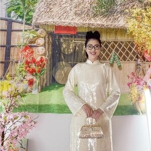 Ao dai suông kim sa sequin, 🎁 l 4 yellow Vietnamese traditional long dress set